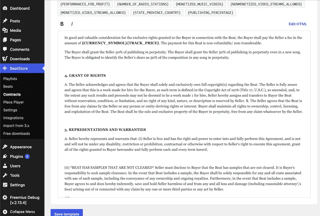 Contract template editor with placeholders like {CUSTOMER_FULLNAME}