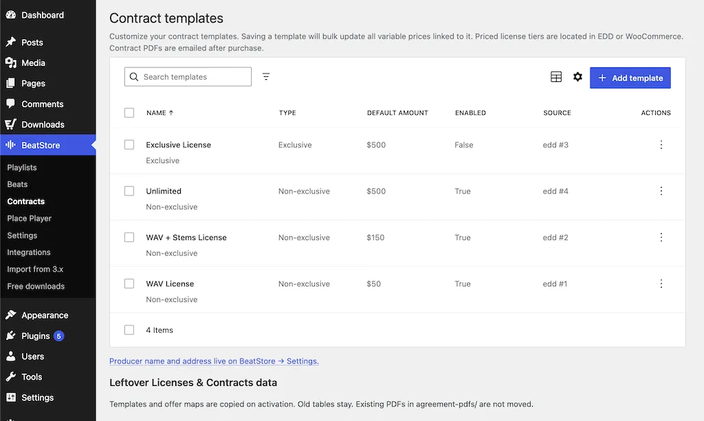 List of license contract templates in WordPress admin
