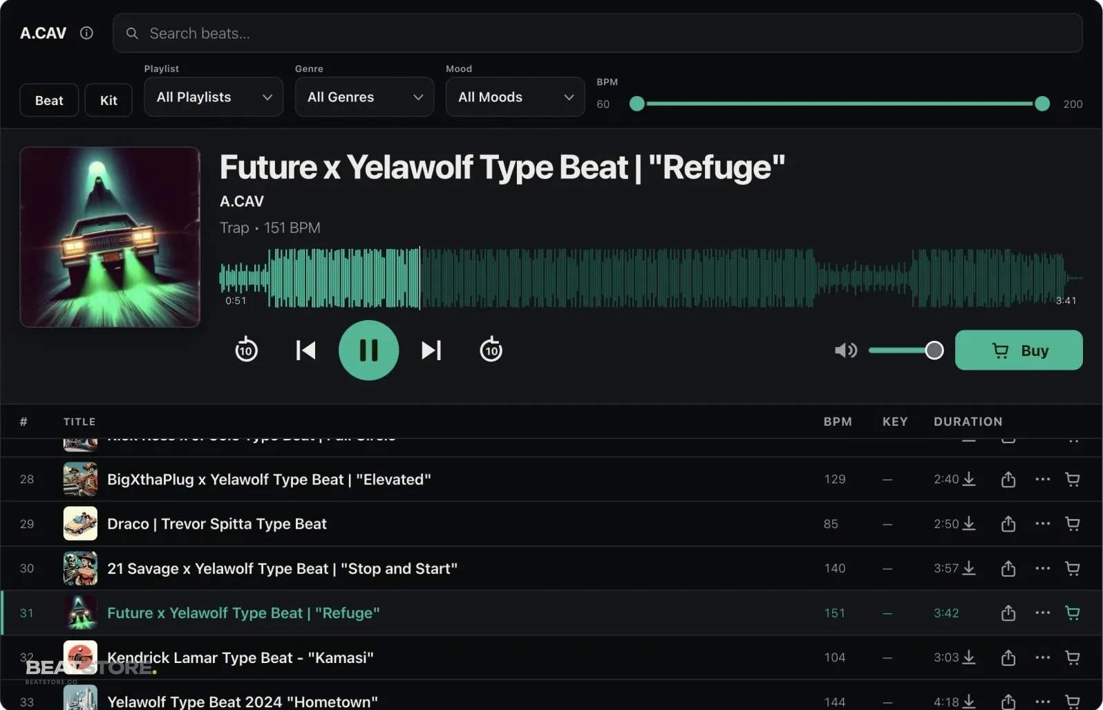 BeatStore player on desktop with track list, filters, and license buttons