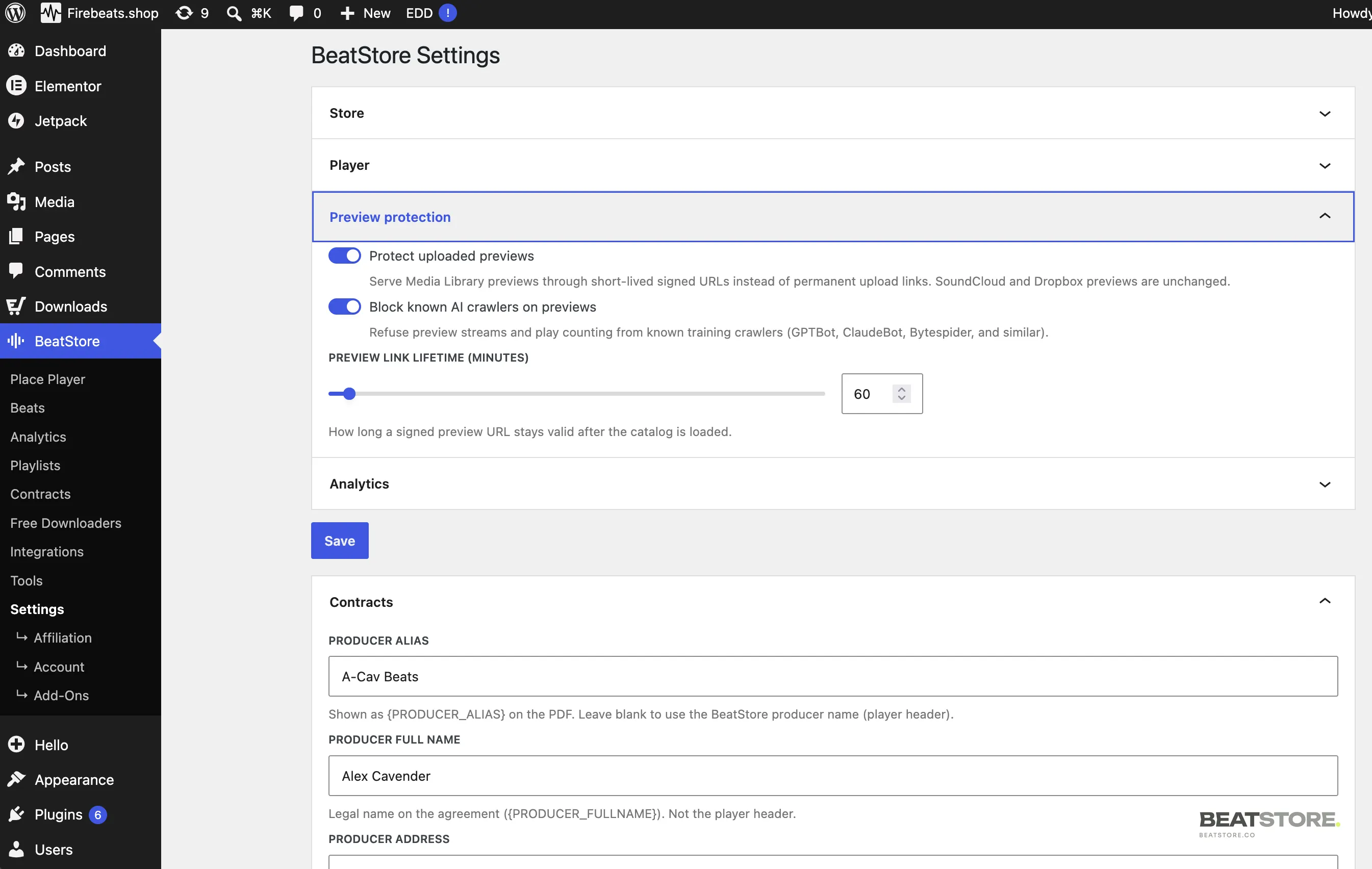 BeatStore settings screen in WordPress admin