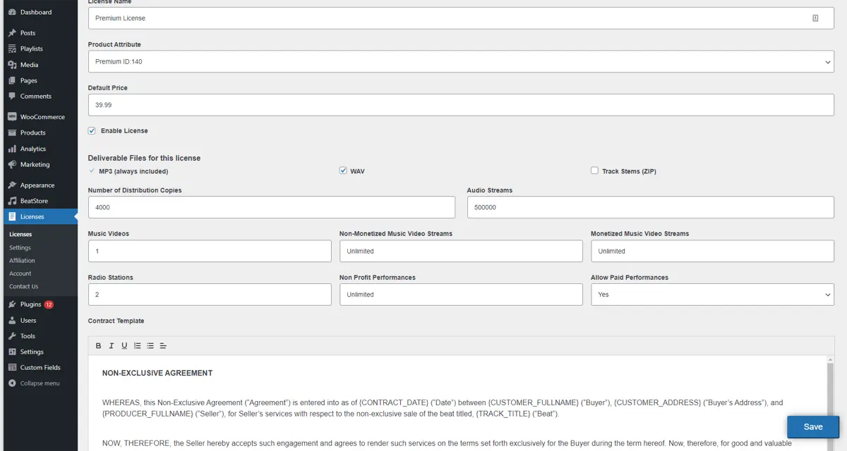 License edit screen